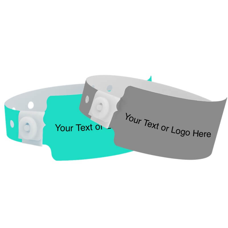 wide face plastic wristbands with a placeholder to show where you can customize the wristband shown in aqua and silver 