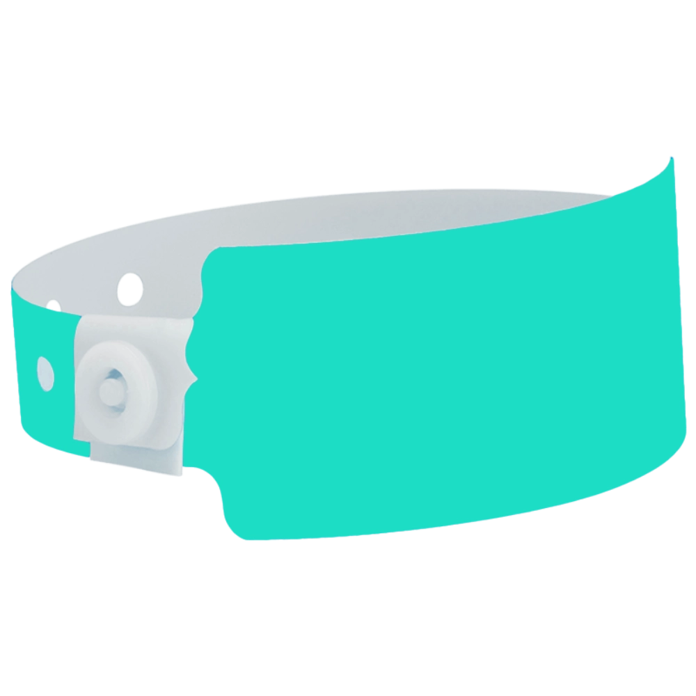 Plastic wide face wristband in aqua - shown in round 