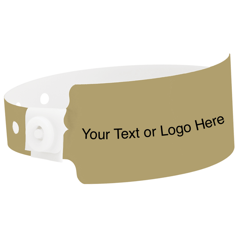 wide face plastic wristbands with a placeholder to show where you can customize the wristband shown in gold