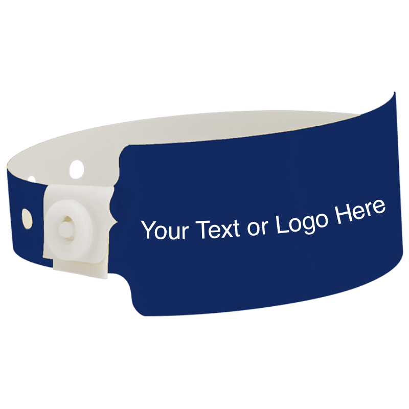 wide face plastic wristbands with a placeholder to show where you can customize the wristband shown in navy blue