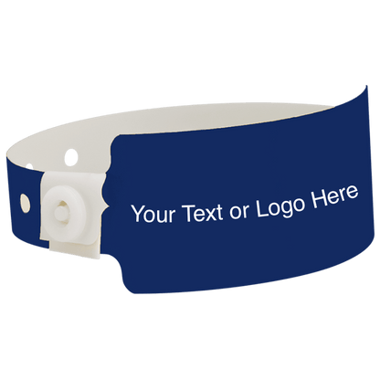 wide face plastic wristbands with a placeholder to show where you can customize the wristband shown in navy blue