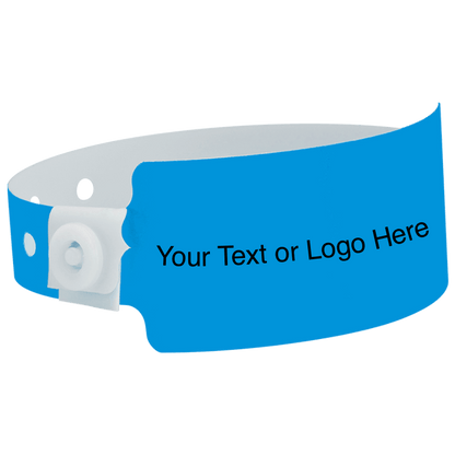 wide face plastic wristbands with a placeholder to show where you can customize the wristband shown in neon blue