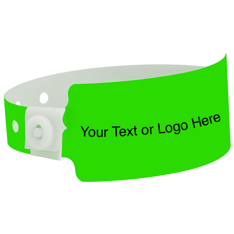 wide face plastic wristbands with a placeholder to show where you can customize the wristband shown in neon green