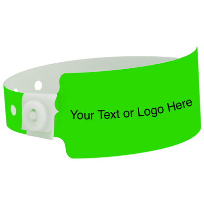 wide face plastic wristbands with a placeholder to show where you can customize the wristband shown in neon green