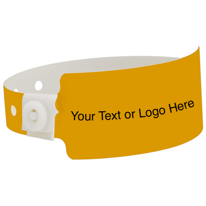wide face plastic wristbands with a placeholder to show where you can customize the wristband shown in neon orange