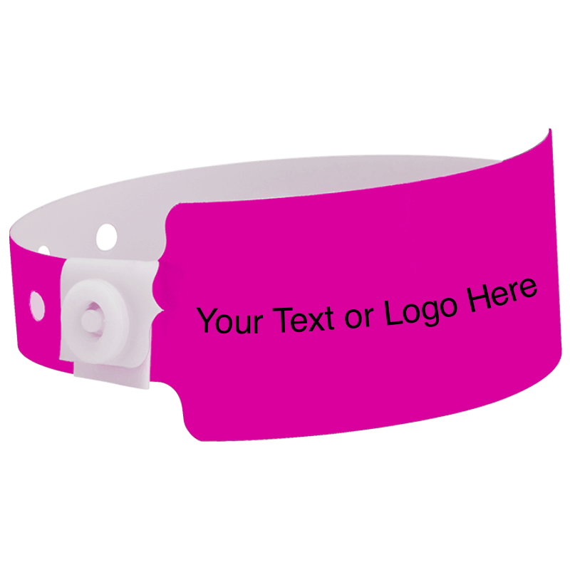 wide face plastic wristbands with a placeholder to show where you can customize the wristband shown in neon pink