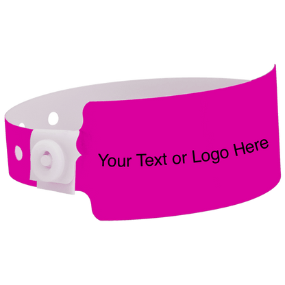 wide face plastic wristbands with a placeholder to show where you can customize the wristband shown in neon pink