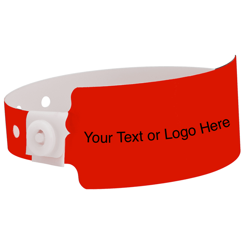 wide face plastic wristbands with a placeholder to show where you can customize the wristband shown in neon red
