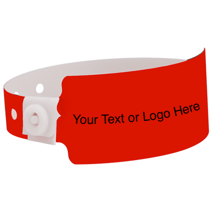wide face plastic wristbands with a placeholder to show where you can customize the wristband shown in neon red