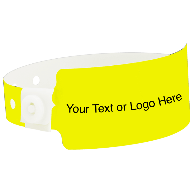wide face plastic wristbands with a placeholder to show where you can customize the wristband shown in neon yellow