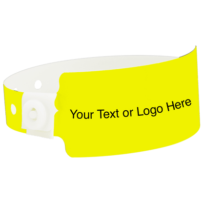 wide face plastic wristbands with a placeholder to show where you can customize the wristband shown in neon yellow