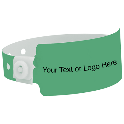 wide face plastic wristbands with a placeholder to show where you can customize the wristband shown in pantone green