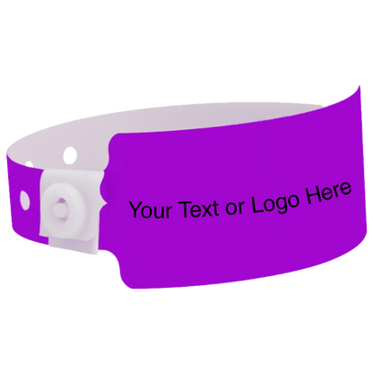 wide face plastic wristbands with a placeholder to show where you can customize the wristband shown in pantone purple