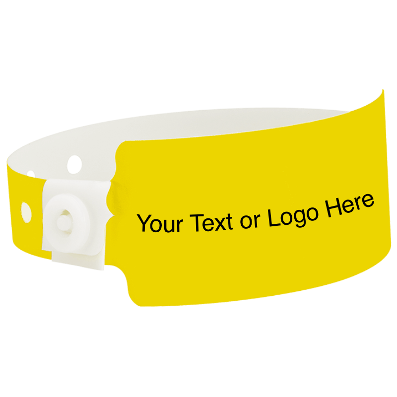 wide face plastic wristbands with a placeholder to show where you can customize the wristband shown in pantone yellow