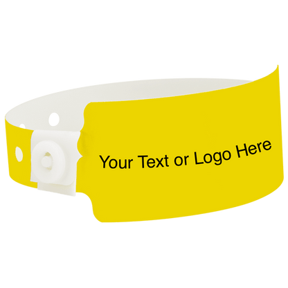 wide face plastic wristbands with a placeholder to show where you can customize the wristband shown in pantone yellow