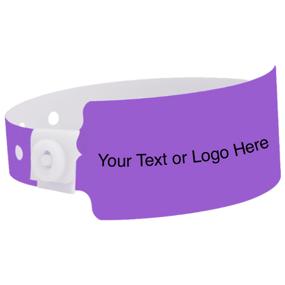 wide face plastic wristbands with a placeholder to show where you can customize the wristband shown in purple