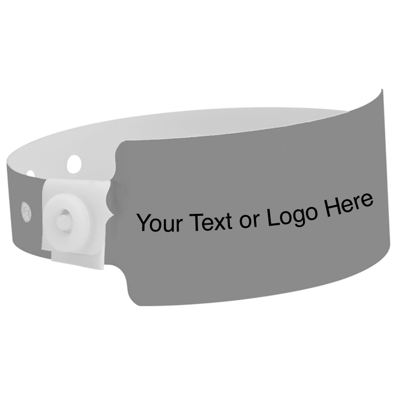 wide face plastic wristbands with a placeholder to show where you can customize the wristband shown in silver