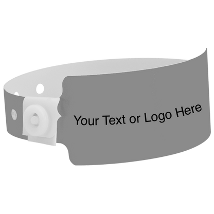 wide face plastic wristbands with a placeholder to show where you can customize the wristband shown in silver