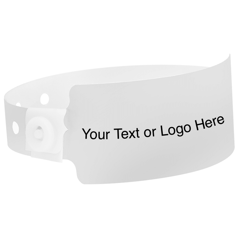 wide face plastic wristbands with a placeholder to show where you can customize the wristband shown in white