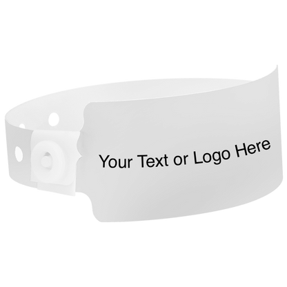 wide face plastic wristbands with a placeholder to show where you can customize the wristband shown in white