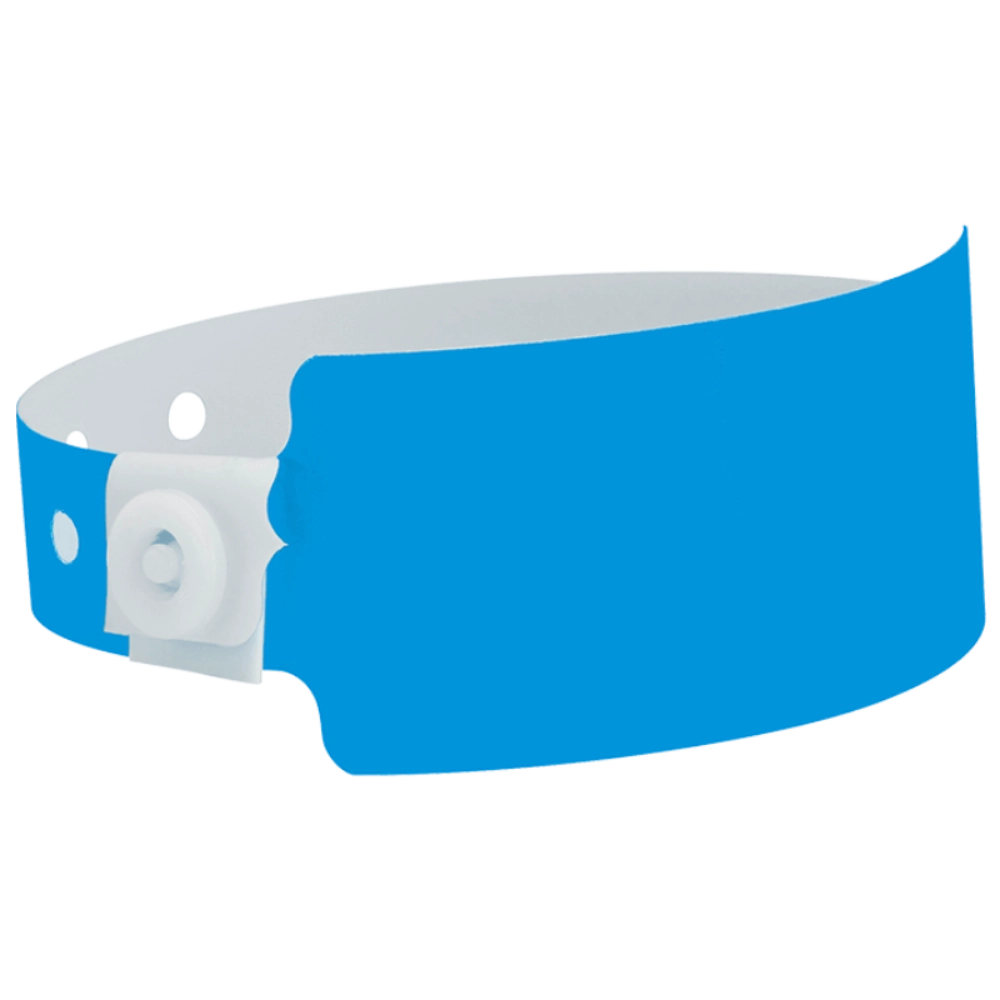 Plastic wide face wristband in neon blue - shown in round