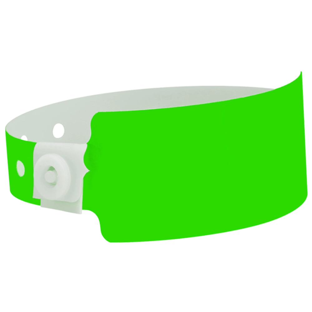 Plastic wide face wristband in neon green - shown in round