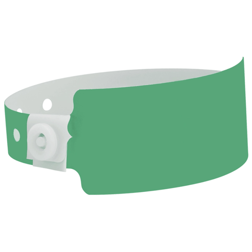 Plastic wide face wristband in pantone green - shown in round 