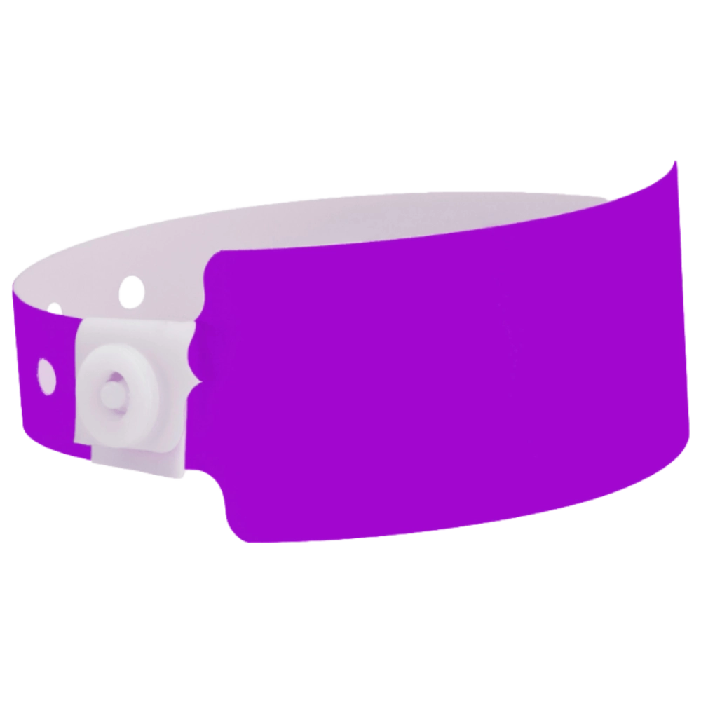 Plastic wide face wristband in pantone purple - shown in round 