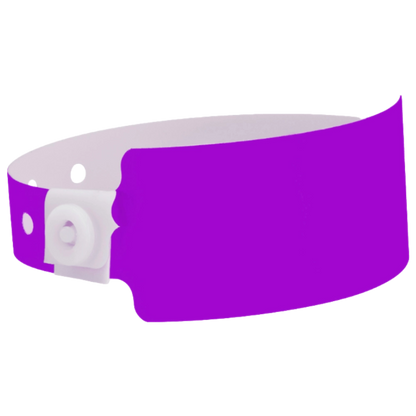 Plastic wide face wristband in pantone purple - shown in round 