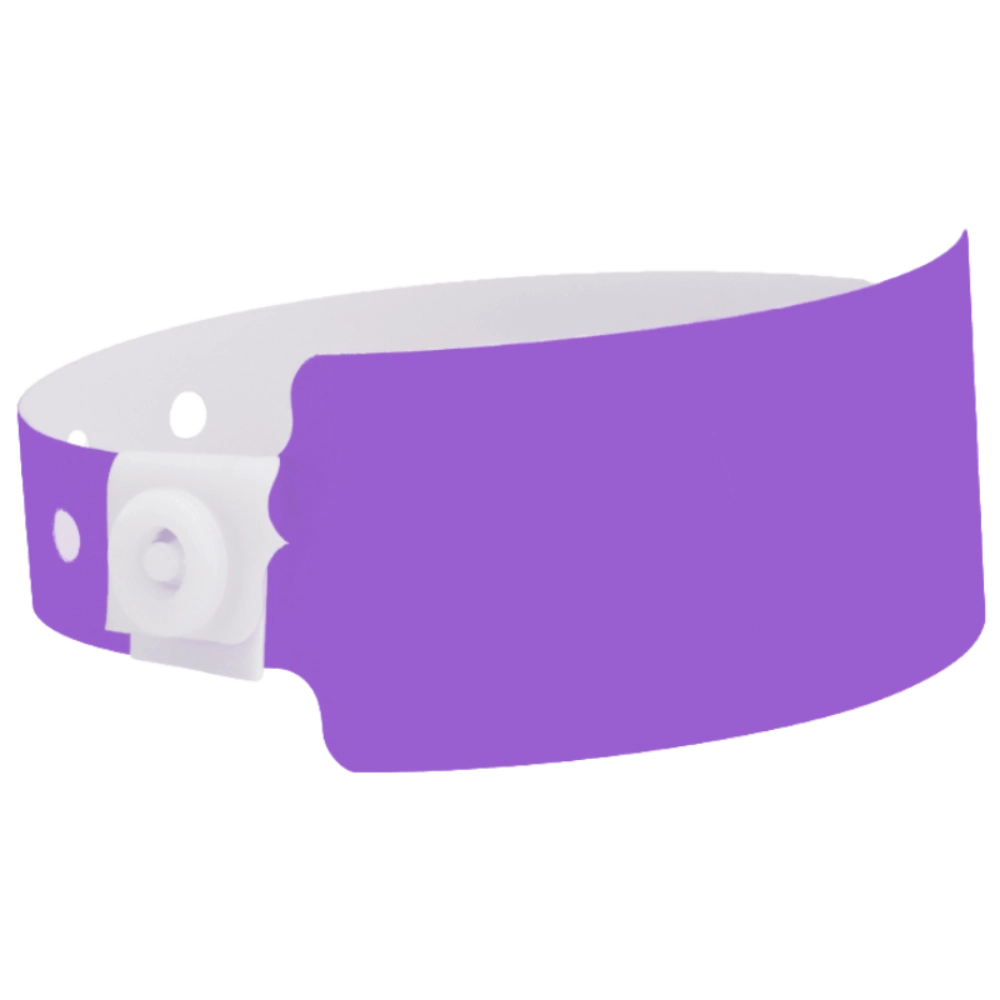 Plastic wide face wristband in purple - shown in round 