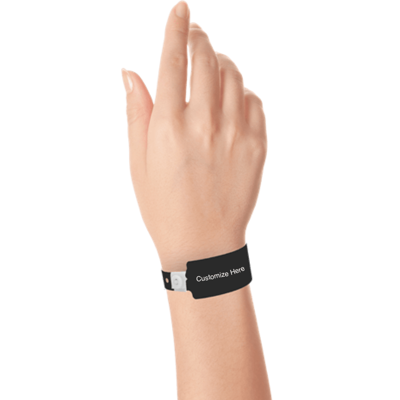 wide face plastic wristbands with a placeholder to show where you can customize the wristband on hand in black