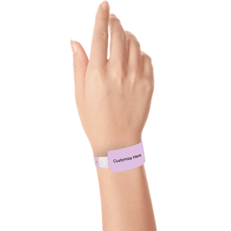 wide face plastic wristbands with a placeholder to show where you can customize the wristband on hand in lavender