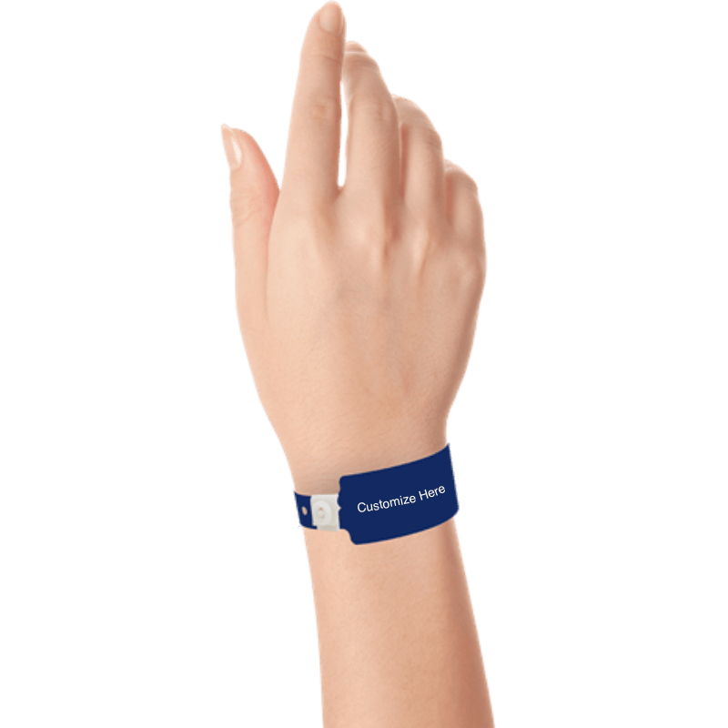 wide face plastic wristbands with a placeholder to show where you can customize the wristband on hand in navy blue