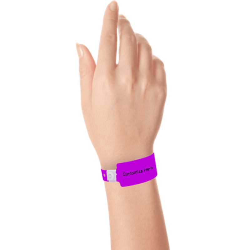 wide face plastic wristbands with a placeholder to show where you can customize the wristband on hand in pantone purple