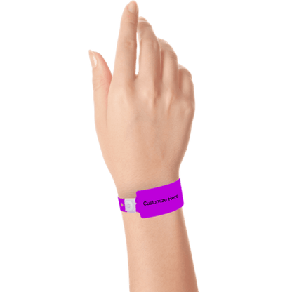 wide face plastic wristbands with a placeholder to show where you can customize the wristband on hand in pantone purple