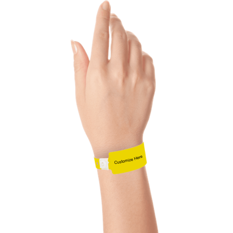 wide face plastic wristbands with a placeholder to show where you can customize the wristband on hand in pantone yellow