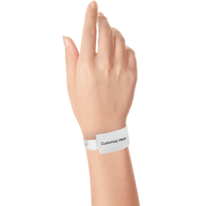 wide face plastic wristbands with a placeholder to show where you can customize the wristband on hand in white