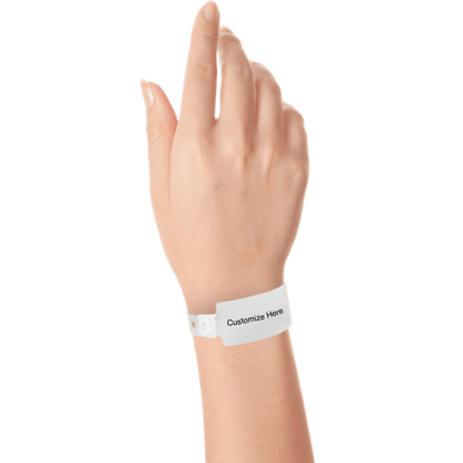 wide face plastic wristbands with a placeholder to show where you can customize the wristband on hand in white