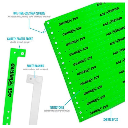 Age verified check plastic product specification page showing one time single use snaps, 10 holes for size adjustments, white backing and packaging in sheets of 20 - shown with a smooth plastic front in neon green