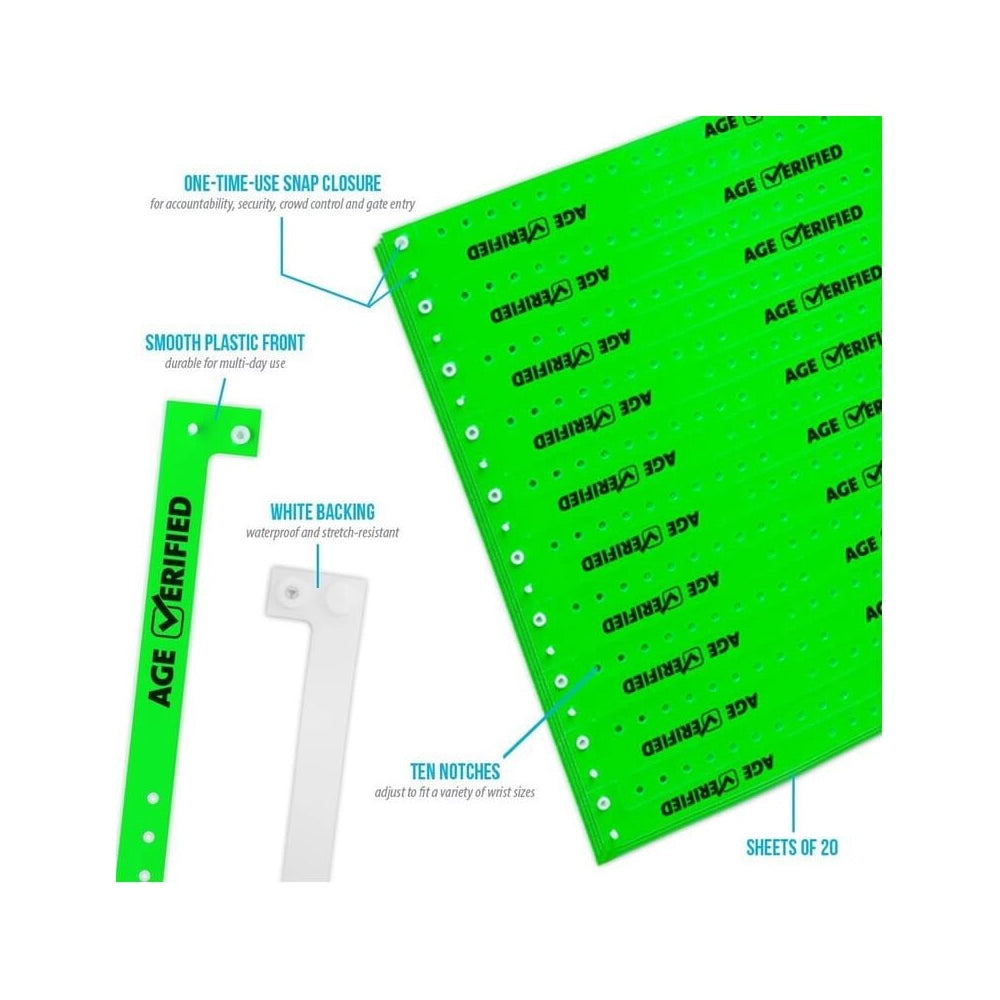 Specifications sheet for plastic age Verified wristbands showing snap closure, smooth plastic front, ten notches and sheets of 20 in neon green 