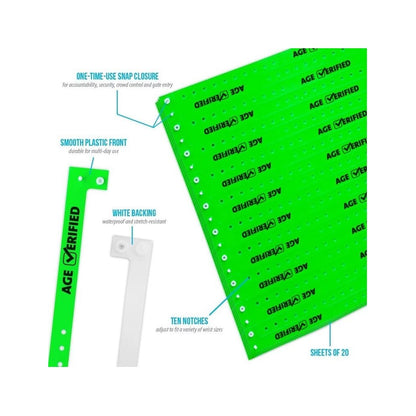 Specifications sheet for plastic age Verified wristbands showing snap closure, smooth plastic front, ten notches and sheets of 20 in neon green 