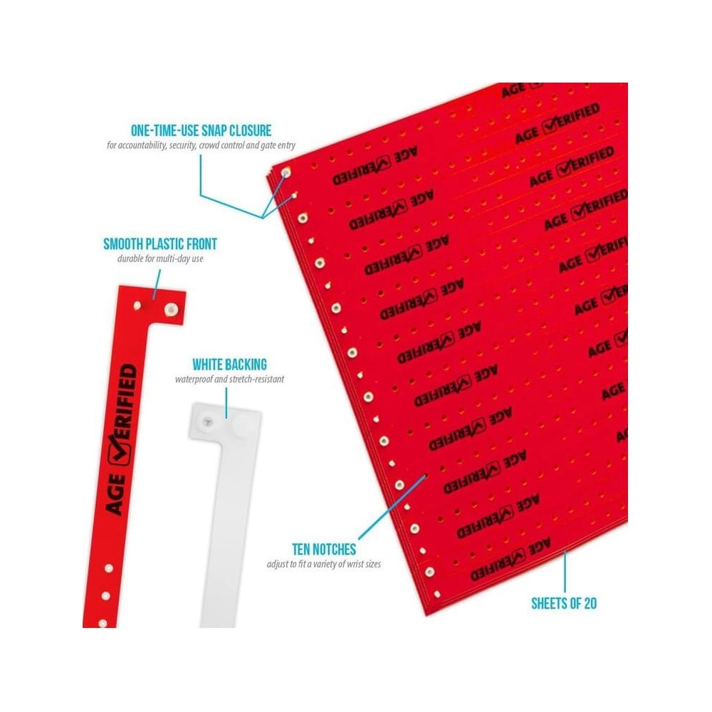 Specifications sheet for plastic age Verified wristbands showing snap closure, smooth plastic front, ten notches and sheets of 20 in neon red 