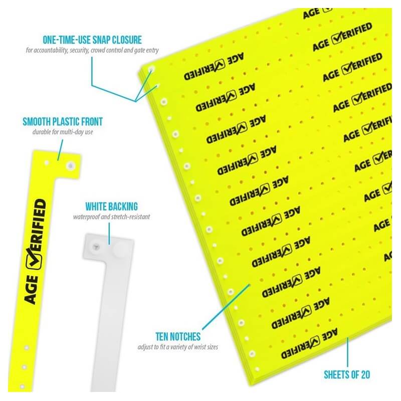 Age verified check plastic product specification page showing one time single use snaps, 10 holes for size adjustments, white backing and packaging in sheets of 20 - shown with a smooth plastic front in neon yellow