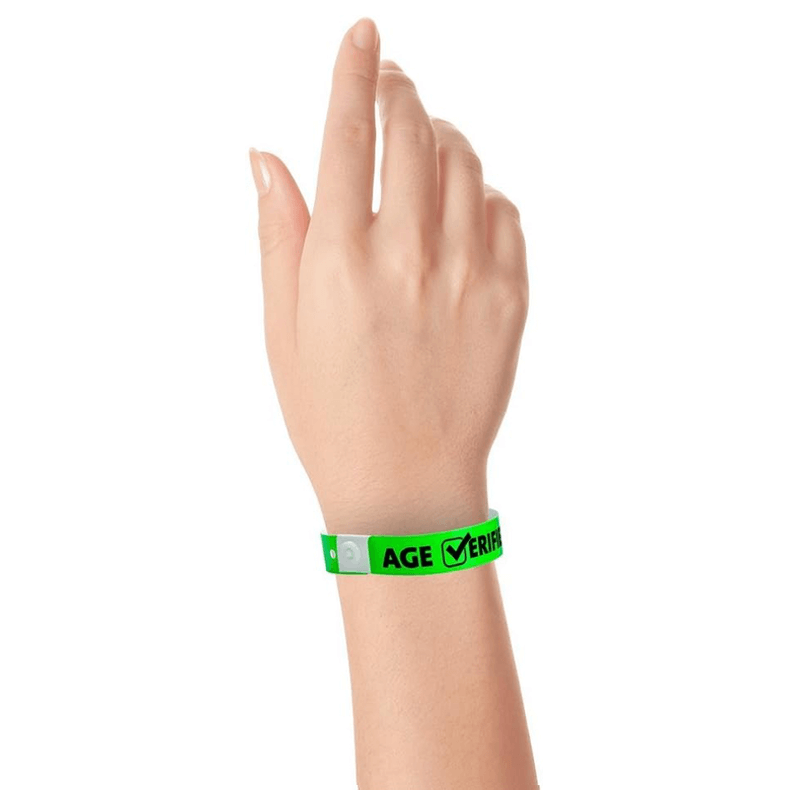 age verified check plastic wristband on hand in neon green