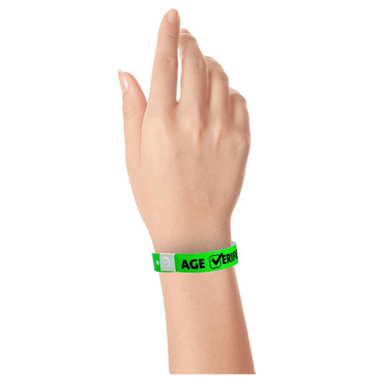 age verified check plastic wristband on hand in neon green
