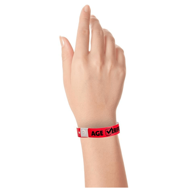 age verified check plastic wristband on hand in neon neon red
