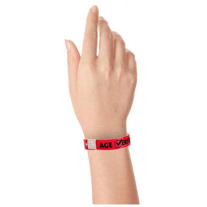 age verified check plastic wristband on hand in neon neon red