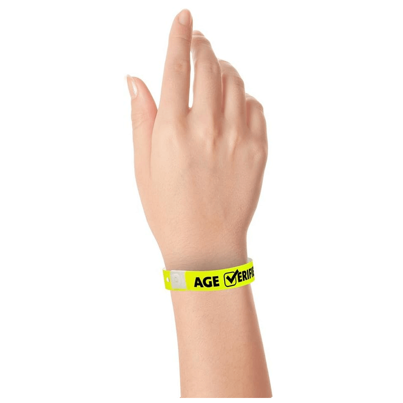 age verified check plastic wristband on hand in neon yellow