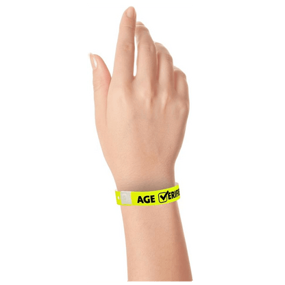 age verified check plastic wristband on hand in neon yellow