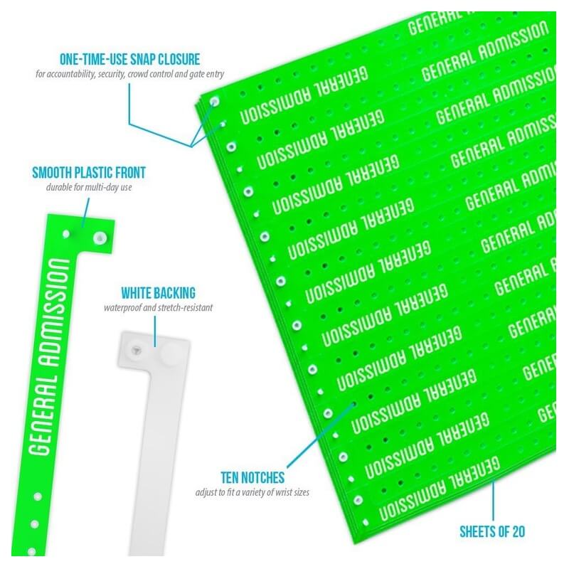 General admission plastic product specification page showing one time single use snaps, 10 holes for size adjustments, white backing and packaging in sheets of 20 - shown with a smooth plastic front in neon green